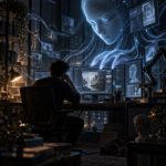Uomo al computer osservato da una grande intelligenza artificiale in un ambiente notturno, simbolo di fiducia, delega e perdita di controllo
